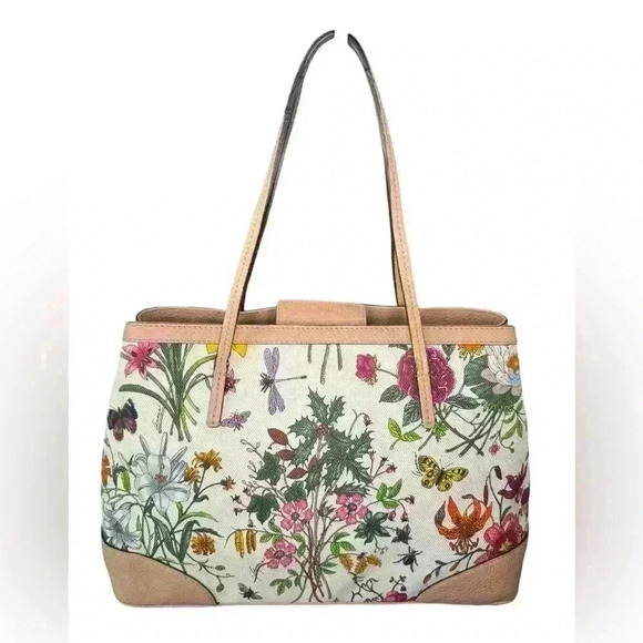 Gucci Vintage Medium Floral Camvas Pink/Beige Leather Tote Bag. - Picture 1 of 15